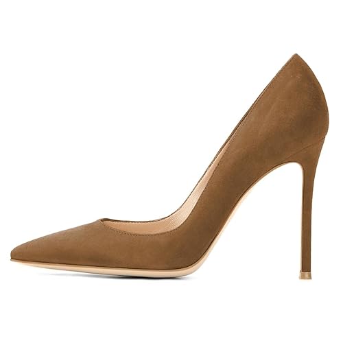EDEFS Damen Slip On Pumps Stiletto Heel 4 Inches Geschlossene Zehe Pointed Toe Form Ideal für Partys & Sexy Nächte S Braun EU40 von EDEFS