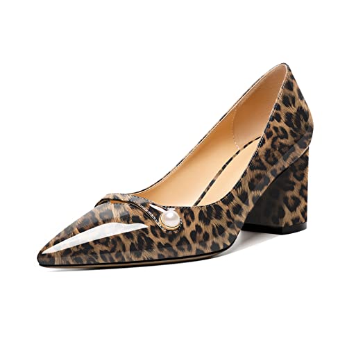 EDEFS Damen Slip-on Block Heels Chunky Absatz High Heels, Spitzen Zehen, Perlendekoration,Bequeme Schuhe für Kleid Leopard-Braun EU39 von EDEFS