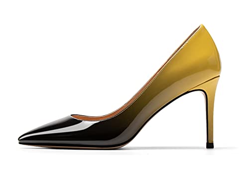 EDEFS Damen Slip-on Spitze Pumps High Heels Kleid Büroschuhe Schwarz Gelb Größe EU36 von EDEFS