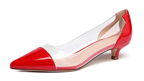 EDEFS Damen Spitz Kitten-Heels Modische Slip-on-Pumps mit Durchsichtigem PVC Lackrot Größe EU37 von EDEFS