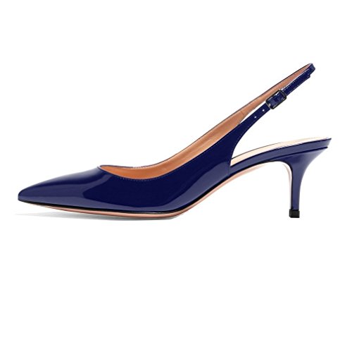 EDEFS Damen Spitz Pumps Kitten Absatz Pointed Toe Slingback Schue 6.5cm Büro Pumps Blau Größe EU38 von EDEFS