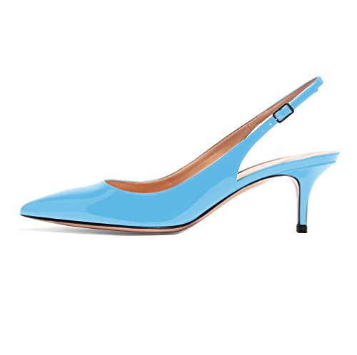 EDEFS Damen Spitz Pumps Kitten Absatz Pointed Toe Slingback Schue 6.5cm Büro Pumps LightBlue Größe EU42 von EDEFS