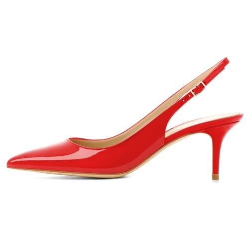 EDEFS Damen Spitz Pumps Kitten Absatz Pointed Toe Slingback Schue 6.5cm Büro Pumps Rot Größe EU38 von EDEFS