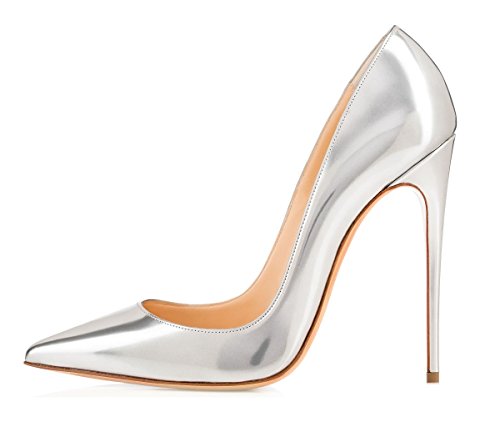 EDEFS Damen Spitze Pumps mit Pfennigabsatz High Heel Lack Schuhe Silber Größe EU43 von EDEFS