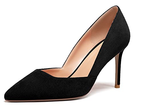 EDEFS Damen Spitze Zehen Pumps 8.5CM Hoch Stiletto Schuhe Modische D'orsay Schuhe Wildleder Schwarz Größe EU38 von EDEFS