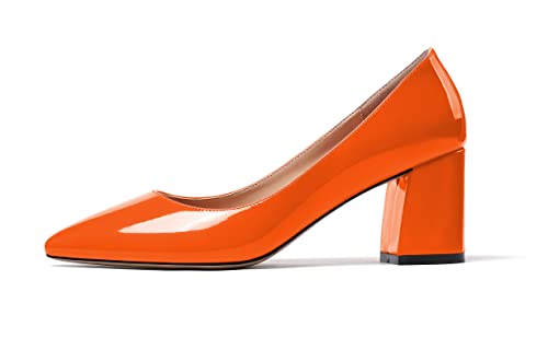 EDEFS Damen Spitze Zehen Pumps Block Kitten Heel Schuhe Mode Kleid Party Schuhe Lackorange Größe EU39 von EDEFS