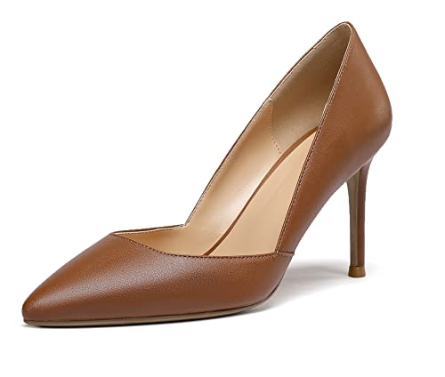 EDEFS Damen Spitze Zehen Pumps Cut-Out Stiletto D'orsay Schuhe Klassisches Kleid Büro Schuhe Mattbraun Größe EU35 von EDEFS