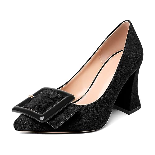 EDEFS Damen Spitze Zehenkappe Pumps Chunky Absatz High Heels Sexy Dress Schuhe Klassisch 8.5 cm Heels Wildleder Schwarz EU45 von EDEFS