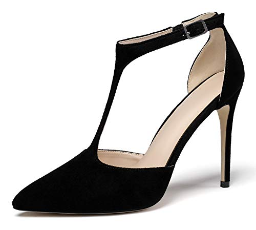 EDEFS Damen Spitzer Zehen High Heels Mode T-Spange Pumps Stilettos Kleid Party Schuhe mit Schnalle Wildleder Schwarz Größe EU39 von EDEFS