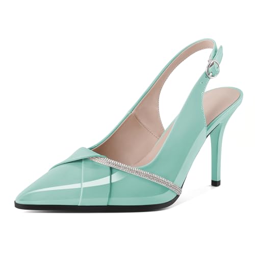 EDEFS Damen Spitzkappen Pumps 9 cm Stilettoabsatz Slingback mit Silber Strasssteinen Für Stilbewusste Hochzeits Gäste & Romantische Dinner Dates Mintgrün EU38 von EDEFS