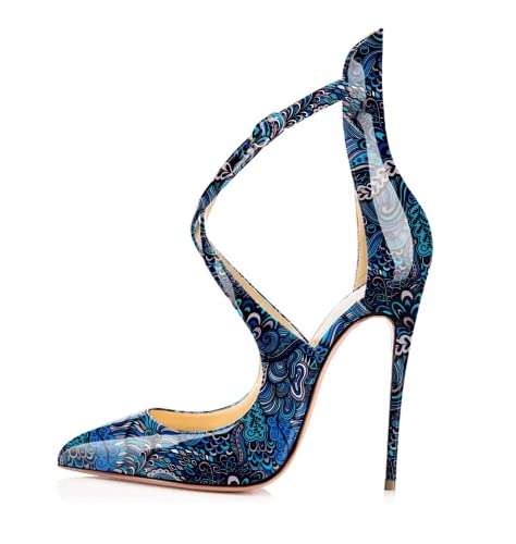 EDEFS Damen Spitzschuh Knöchelriemen High Heels Ausgehöhlte Crossover-Riemen Pumps Blume Blau Größe EU40 von EDEFS