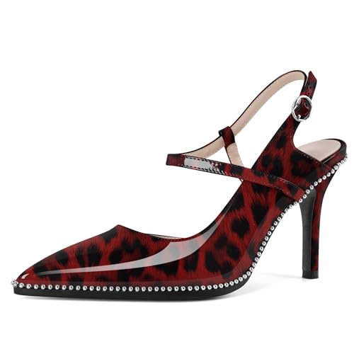 EDEFS Damen Spitzzahn Slingback Pumps 9 cm Stiletto Absatz Hoher Absatz Perlen Patentleder & Schnalle für Arbeit Party Hochzeit Leopard Rot EU36 von EDEFS