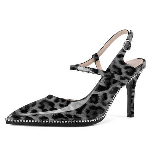 EDEFS Damen Spitzzahn Slingback Pumps 9 cm Stiletto Absatz Hoher Absatz Perlen Patentleder & Schnalle für Arbeit Party Hochzeit Leopard Weiß EU36 von EDEFS