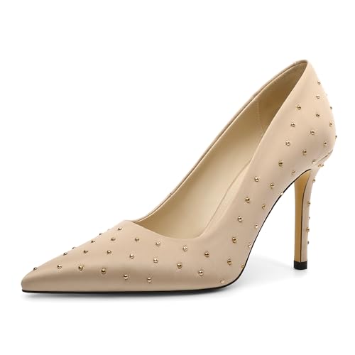 EDEFS Damen Spitzzehen Lackleder Pumps 9 cm Stiletto Absatz Schlupf für Hochzeitsgalas & Festliche Events Satin Champagner EU36 von EDEFS
