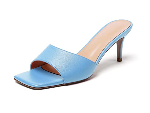 EDEFS Damen Square Open Toe Pantoletten Sandalen Kleid Rückenfrei Stiletto High Heel Mode Sexy Kleid Hochzeit Hausschuhe Slides Hellblau Größe EU39 von EDEFS