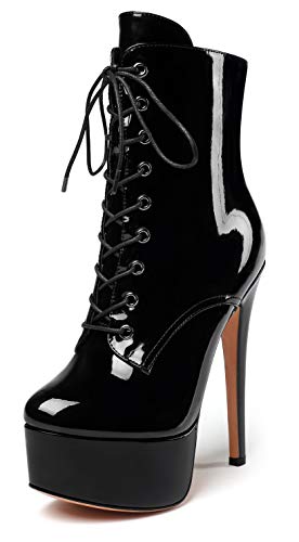 EDEFS Damen Stiefel,Runde Zehen Schnürsenkel Ankle Boots,Kurzschaft Stiefelette mit Reißverschluss,Schwarz EU38 von EDEFS