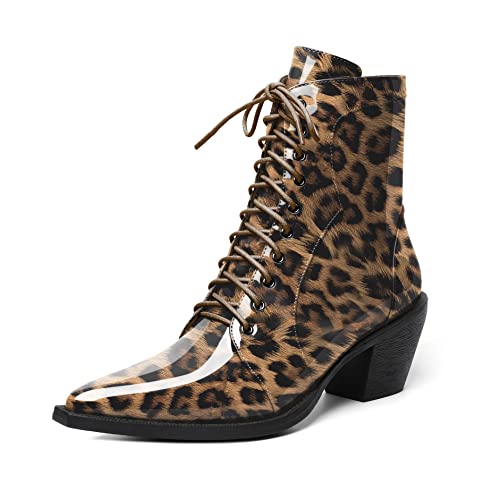 EDEFS Damen Stiefel Chelsea Ankle Boots Blockabsatz Chunky Reißverschluss Spitze Zehenkappe Komfort Winter Damen Boots Leopard EU39 von EDEFS