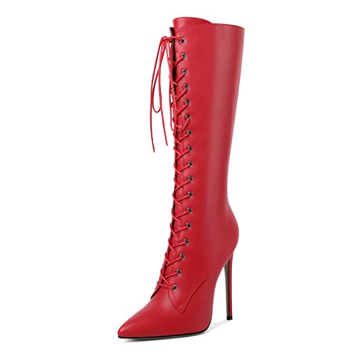 EDEFS Damen Stiefel Knee High Boots Sexy Stiletto Reißverschluss Spitze Zehenkappe Komfort Winter Damen Boots Rot EU42 EDEFS Damen Stiefel Knee High Boots Sexy Stiletto Reißverschluss Spitze Zehenkappe Komfort Winter Damen Boots Rot EU42 von EDEFS