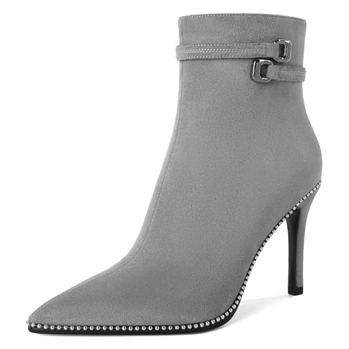 EDEFS Damen Stiefelette mit Spitze für Winter Stiletto Stiefelette mit 3.7 Zoll hohem Absatz Bequeme Schuhe für Büro und Hochzeit Grau EU36 von EDEFS