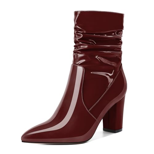 EDEFS Damen Stiefeletten Klobige Ferse Spitze Zehe High Heels Klassische Boots Mit Seitenreißverschluss Formell Abend Burgundy Lack Winterfeste Boties 3.4 Inch/8.5cm EU38 von EDEFS