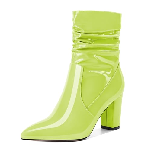 EDEFS Damen Stiefeletten Klobige Ferse Spitze Zehe High Heels Klassische Boots Mit Seitenreißverschluss Formell Abend Light Green Lack Winterfeste Boties 3.4 Inch/8.5cm EU38 von EDEFS