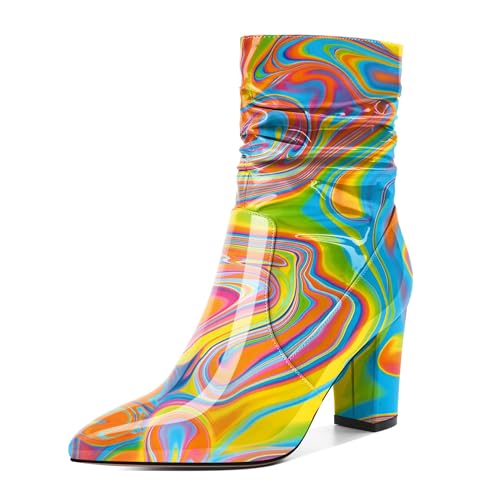 EDEFS Damen Stiefeletten Klobige Ferse Spitze Zehe High Heels Klassische Boots Mit Seitenreißverschluss Formell Abend Multicolor Heat Lack Winterfeste Boties 3.4 Inch/8.5cm EU38 von EDEFS