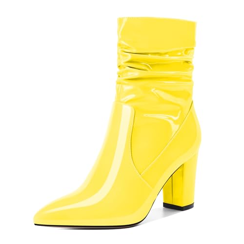 EDEFS Damen Stiefeletten Klobige Ferse Spitze Zehe High Heels Klassische Boots Mit Seitenreißverschluss Formell Abend Yellow Lack Winterfeste Boties 3.4 Inch/8.5cm EU38 von EDEFS