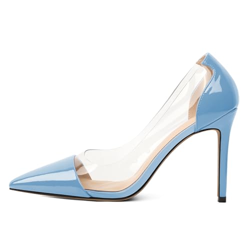 EDEFS Damen Stiletto Heel Pumps 4 Inch High Heel Slip On Design Pointed Toe mit Transparent Clear PVC & Lackleder Arbeit Hochzeit Party Outfits Hellblau EU36 von EDEFS