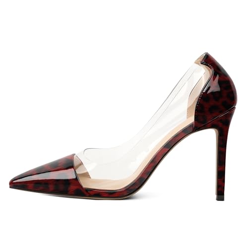 EDEFS Damen Stiletto Heel Pumps 4 Inch High Heel Slip On Design Pointed Toe mit Transparent Clear PVC & Lackleder Arbeit Hochzeit Party Outfits Leopard Rot EU36 von EDEFS