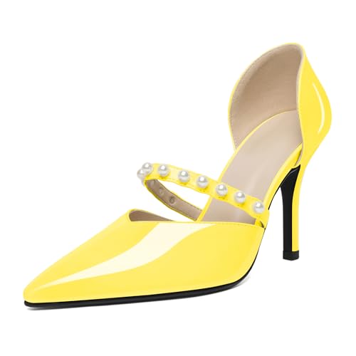 EDEFS Damen Stiletto Heels Spitze Zehenschnalle Pumps Yellow Mit Perlen Stilvoll Party Hochzeit Abend Shoes Lackleder Größe EU39 von EDEFS
