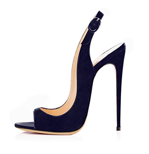 EDEFS Damen Stiletto High Heel Slingback Sandalen mit Schnalle Elegant Peep Toe Schuhe,Suede Navy EU39 von EDEFS