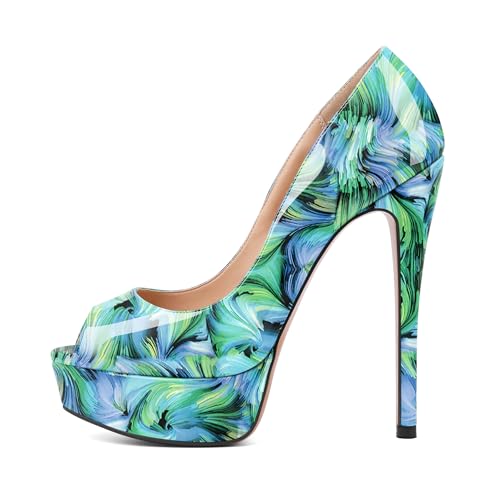 EDEFS Damen Stiletto Plateau Pumps mit 6 Zoll Absatz Peep Toe und Runder Zehenpartie Business und Abend mit Stylischem Chic Floral Grün EU35 von EDEFS
