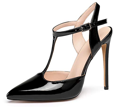 EDEFS Damen T-Spangen Pumps,Damen Riemchensandaletten mit Pfennigabsatz,12CM High Heel Slingback Pumps Schwarz EU45 von EDEFS