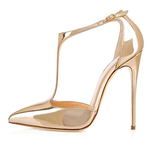 EDEFS Damen T-Spangen Pumps High Heel Lackleder Knöchelriemchen Pumps Gold Größe EU39 von EDEFS