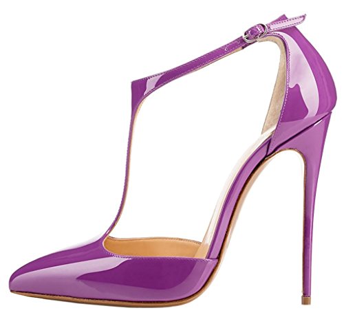 EDEFS Damen T-Spangen Pumps Spitze Zehen Patent Übergröße Damenschuhe Pumpen Violett Größe EU36 von EDEFS