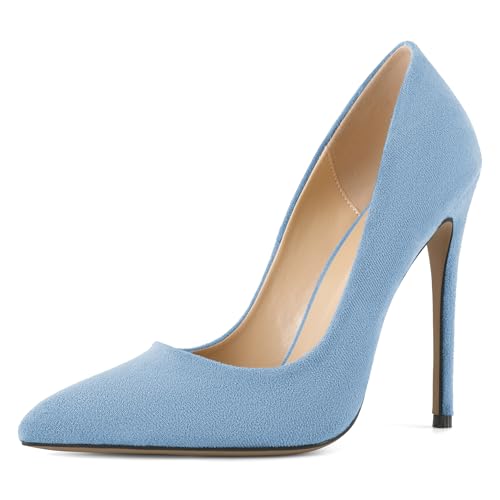 EDEFS Damen Trendige Spitzzahn Stiletto Absatz Pumps 12 cm Hoher Absatz Schlupf Wildleder Elegant für Hochzeit Party Arbeit Hellblau EU43 von EDEFS