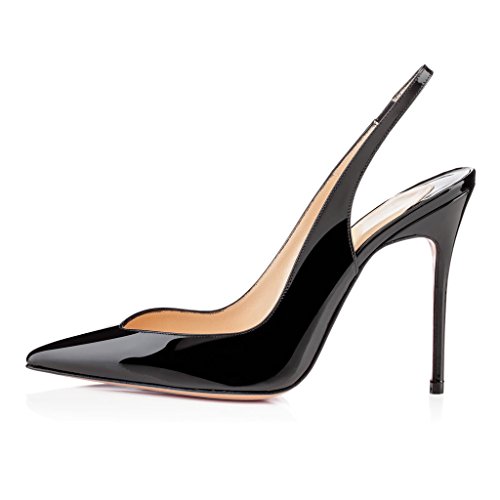 EDEFS Damen Übergröße High Heels Damenschuhe Spitze Zehen Lackleder Stiletto Slingback Pumps mit Gummiband Schwarz Größe EU38 von EDEFS