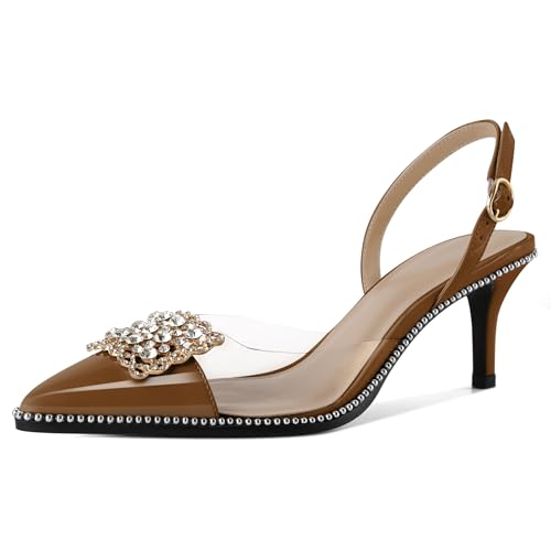 EDEFS Damen Verstellbarer Slingback 6,5 cm Niedrigabsatz mit Perlen Rhinestone Saum & Transparenter PVC Zehenkappe Braun EU36 von EDEFS