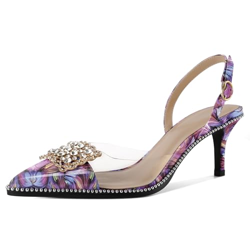 EDEFS Damen Verstellbarer Slingback 6,5 cm Niedrigabsatz mit Perlen Rhinestone Saum & Transparenter PVC Zehenkappe Floral Lila EU36 EDEFS Damen Verstellbarer Slingback 6,5 cm Niedrigabsatz mit Perlen Rhinestone Saum & Transparenter PVC Zehenkappe Floral Lila EU36 von EDEFS