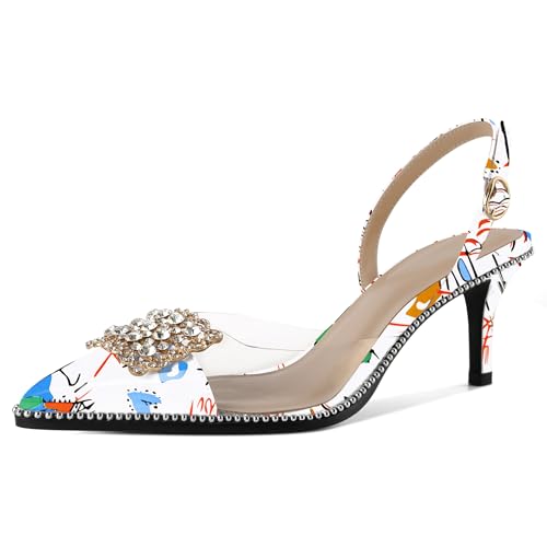 EDEFS Damen Verstellbarer Slingback 6,5 cm Niedrigabsatz mit Perlen Rhinestone Saum & Transparenter PVC Zehenkappe Graffiti Weiß EU36 EDEFS Damen Verstellbarer Slingback 6,5 cm Niedrigabsatz mit Perlen Rhinestone Saum & Transparenter PVC Zehenkappe Graffiti Weiß EU36 von EDEFS