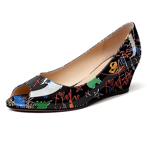 EDEFS Damen mit Keilabsatz Sandalen zum Reinschlüpfen Niedriger Absatz Pumps Schuhe Peeptoes Keilabsatz Absätze Graffiti Patent EU37 von EDEFS