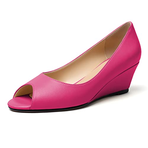 EDEFS Damen mit Keilabsatz Sandalen zum Reinschlüpfen Niedriger Absatz Pumps Schuhe Peeptoes Keilabsatz Absätze Heißes Rosa Matt EU37 von EDEFS