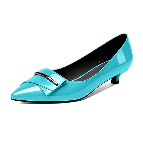 EDEFS Damen niedriger Absatz Schlupfschuhe Pumps Spitze Zehe Kätzchenabsatz 3.5 cm Schnalle Schleife für Hochzeit Büro Türkis Patent EU37 von EDEFS