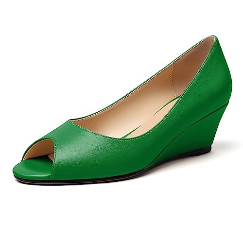 EDEFS Damen zum Reinschlüpfen Keilabsatz Sandalen Peeptoes mit Keilabsatz Sandalen Niedriger Absatz Pumps Schuhe mit offenem Absatz Schuhe Grün Matt EU40 von EDEFS