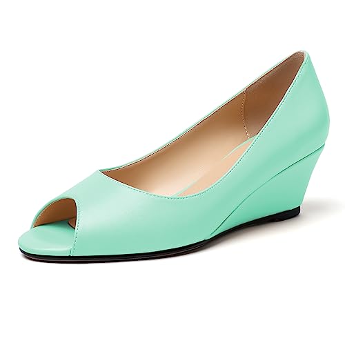 EDEFS Damen zum Reinschlüpfen Keilabsatz Sandalen Peeptoes mit Keilabsatz Sandalen Niedriger Absatz Pumps Schuhe mit offenem Absatz Schuhe Mintgrün Matt EU40 von EDEFS