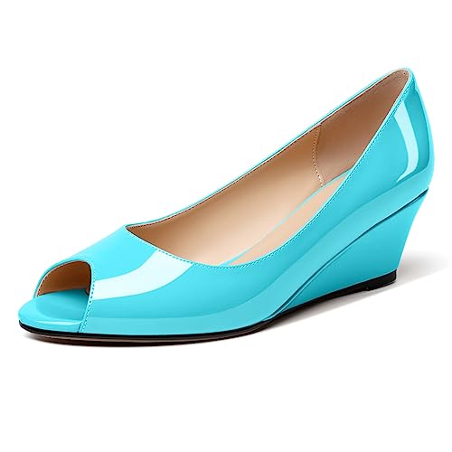 EDEFS Damen zum Reinschlüpfen Keilabsatz Sandalen Peeptoes mit Keilabsatz Sandalen Niedriger Absatz Pumps Schuhe mit offenem Absatz Schuhe Türkis Patent EU40 von EDEFS