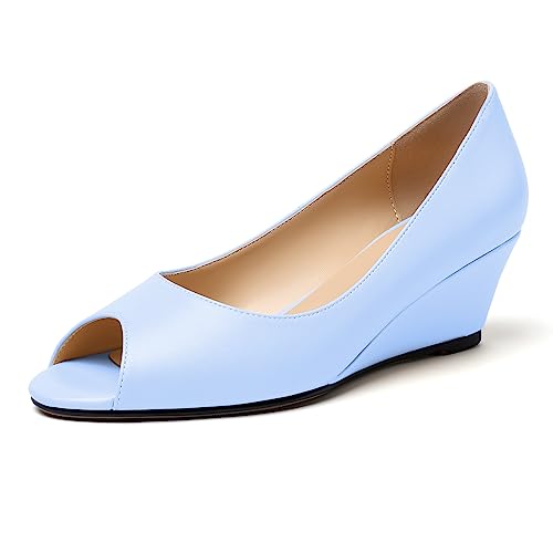 EDEFS Damen zum Reinschlüpfen Peeptoes Keilabsatz Niedriger Absatz Pumps Schuhe zum Reinschlüpfen niedriger Absatz Hellblau Matt EU35 von EDEFS
