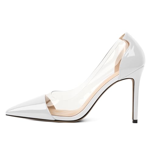 EDEFS Damenmode Pumps Transparent Klar PVC & Spitze Zehe 4 Zoll Stiletto Absatz Slip On Design Arbeitstreffen Hochzeit Gänge Party Nächte Weiß EU39 von EDEFS