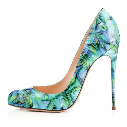EDEFS Elegante Damen Pumps Stiletto Heel Slip On Runde Zehe Geschlossene Zehe 4.7" Hoch Geeignet für Mode Hochzeit & Party Floral Grün EU36 von EDEFS