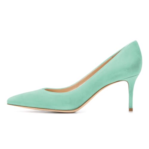 EDEFS Elegante Kitten Heel Damen Pumps Slip On Pointed Geschlossene Zehe 2.5 Zoll Niedriger Absatz Modisch für Hochzeit Braut Mintgrün EU41 von EDEFS
